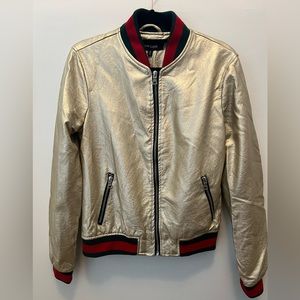 New Look Faux Leather Gold Bomber Jacket with Green/Red Detailing